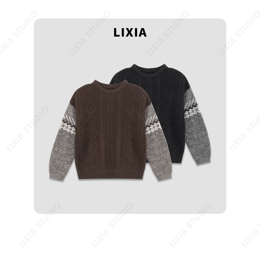 LIXIA【南方庄园】100%绵羊毛拼接色设计感拼接嵌花毛衣-A7983