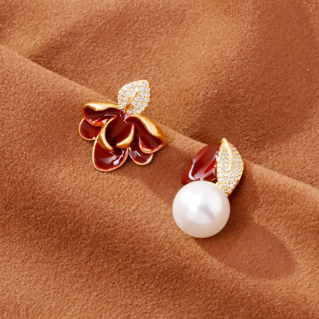 铜合金耳饰 鼎溢滴油款不对称珠珠耳坠时尚个性气质高级感zx