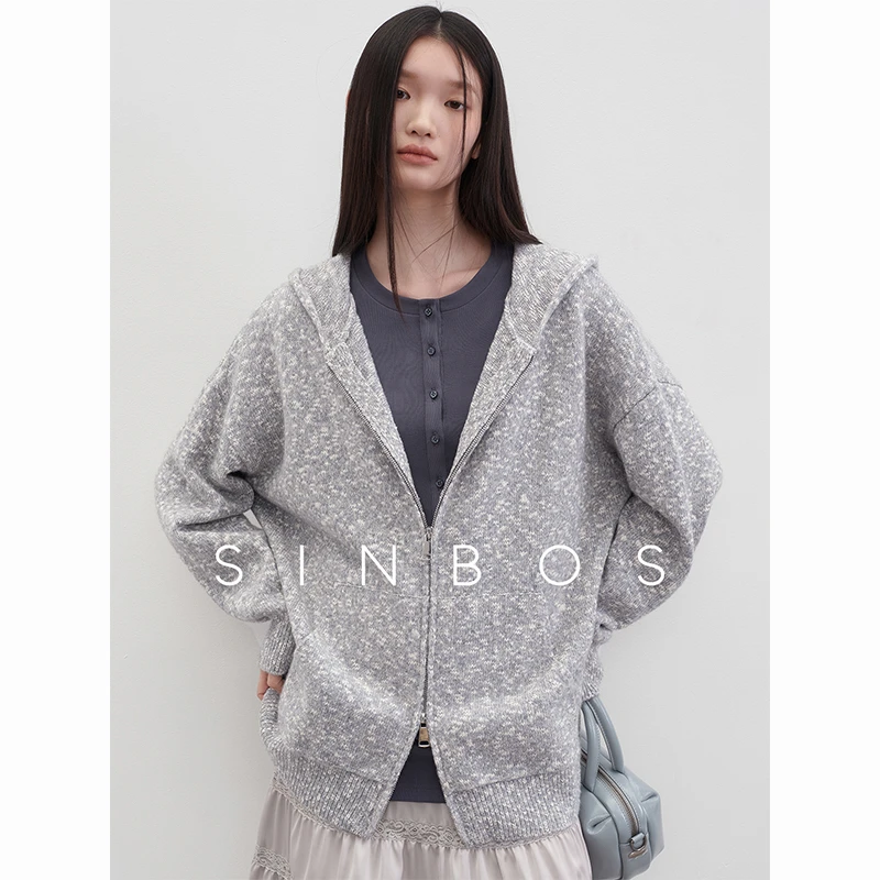 SINBOS星河 羊毛混纺复古松弛感开衫毛衣女双拉链宽松连帽针织衫