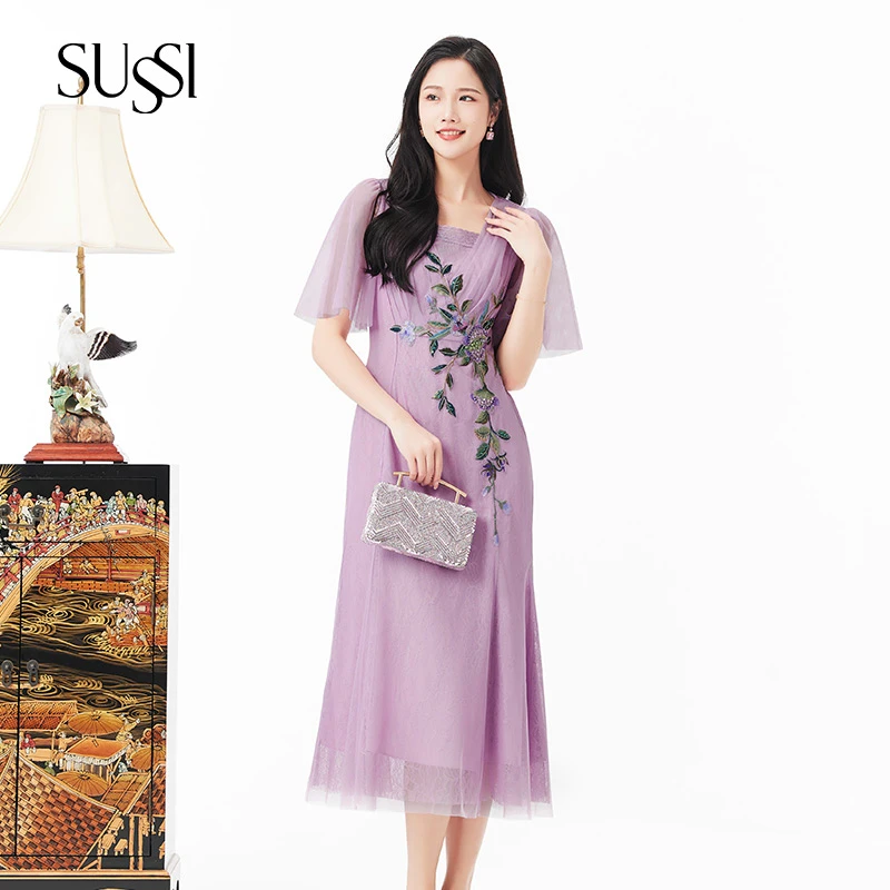 SUSSI/古色夏商场同款紫粉色网纱蕾丝荷叶袖刺绣鱼尾中国风连衣裙