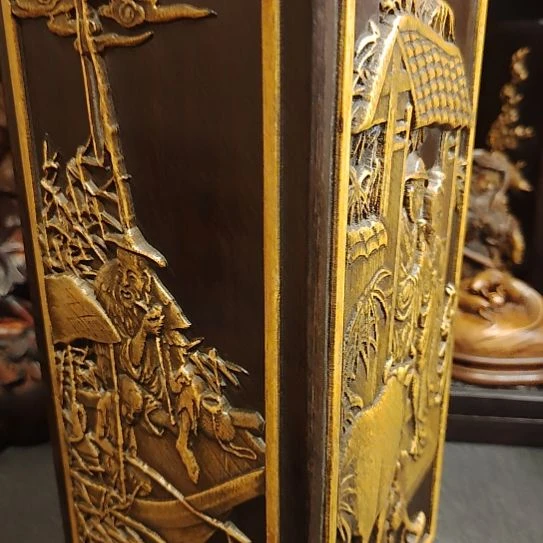 木三**足老檀木贴黄大笔筒