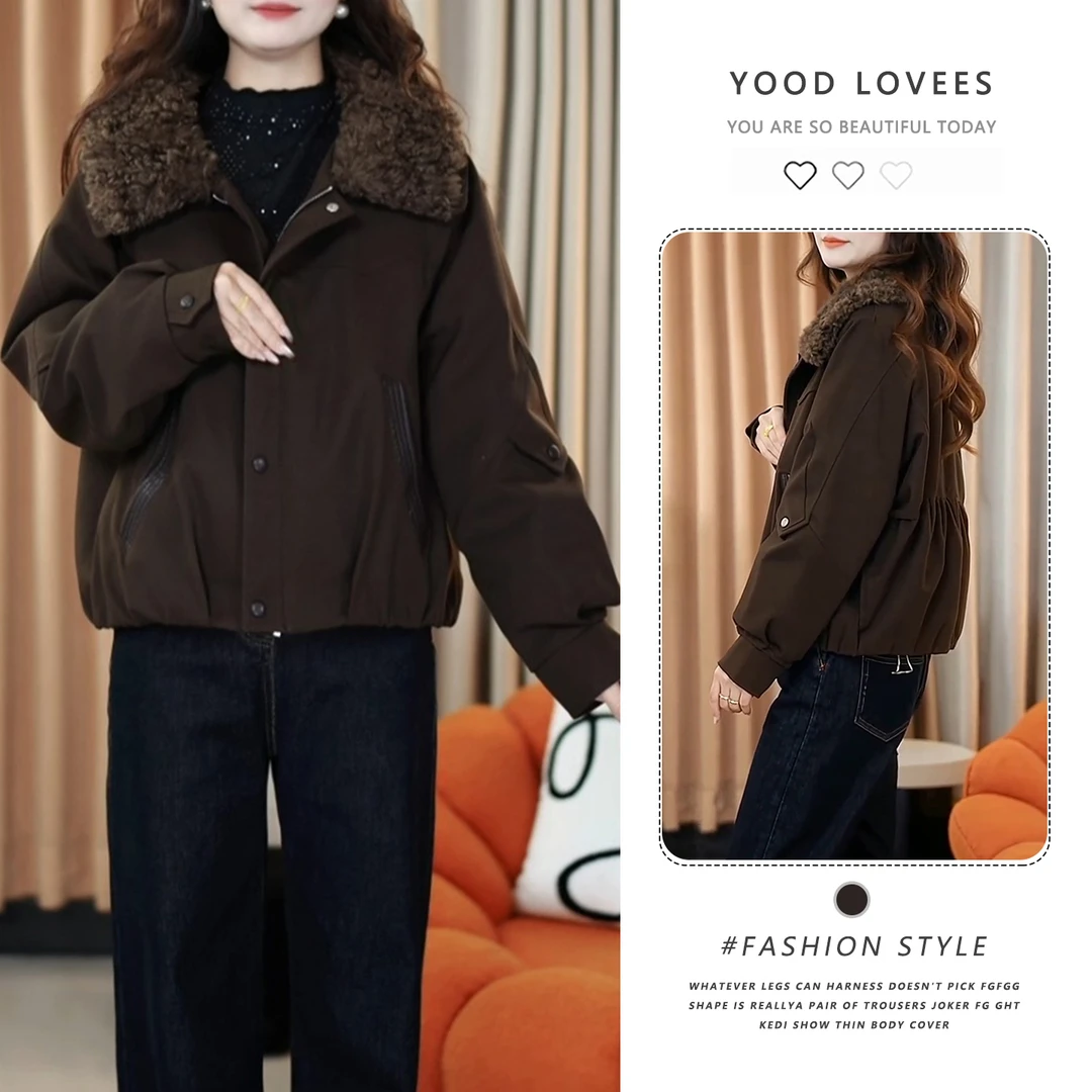 时尚高级感棉服洋气拼接翻领毛毛棉衣女2025冬季新款百搭短款棉服