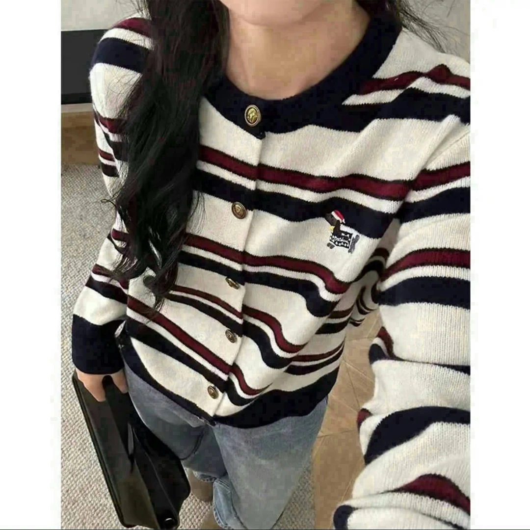 小狗刺绣条纹针织开衫女复古韩系慵懒风毛衣女9550