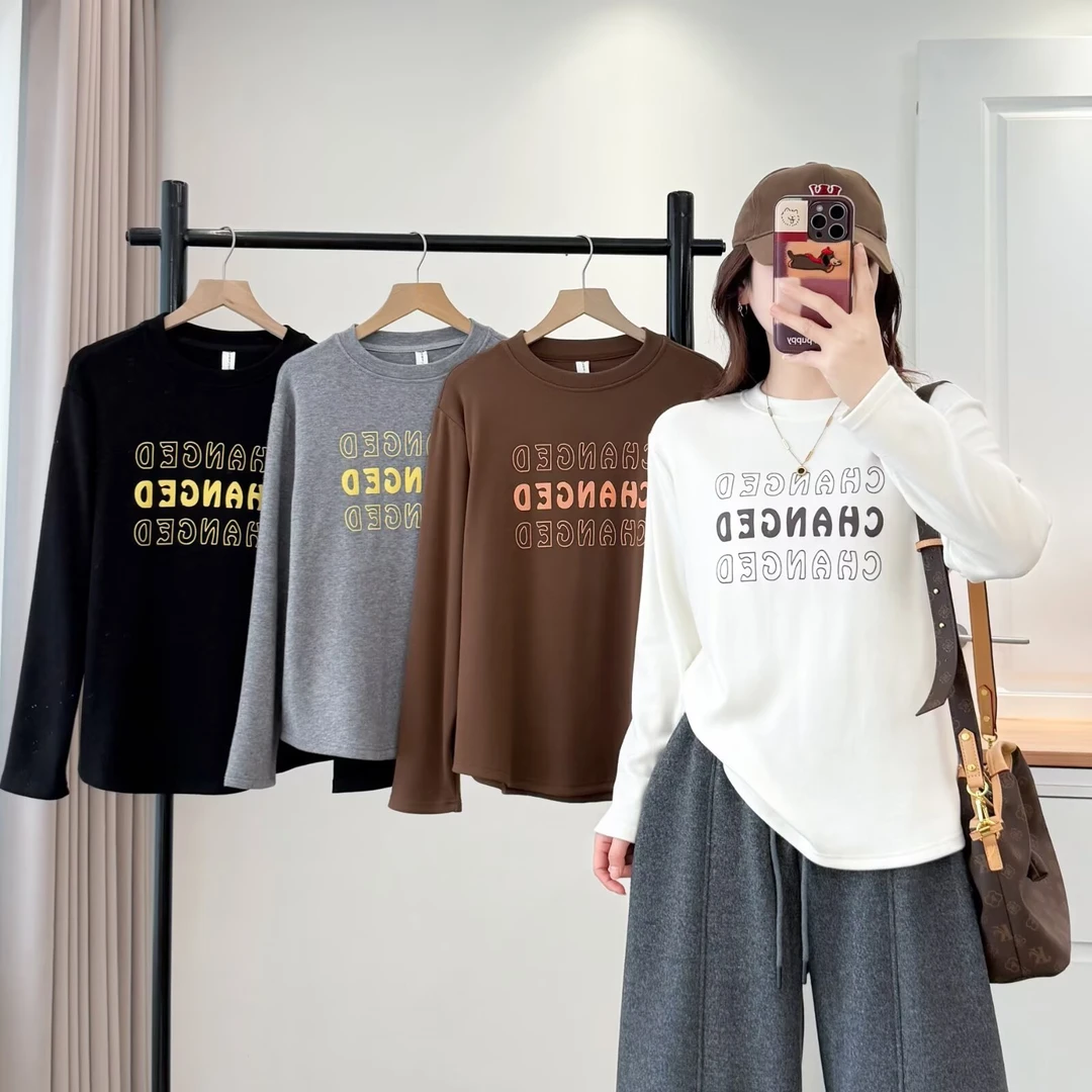 大码女装胖MM冬季字母弹力打底衫休闲显瘦保暖时尚百搭长袖上衣