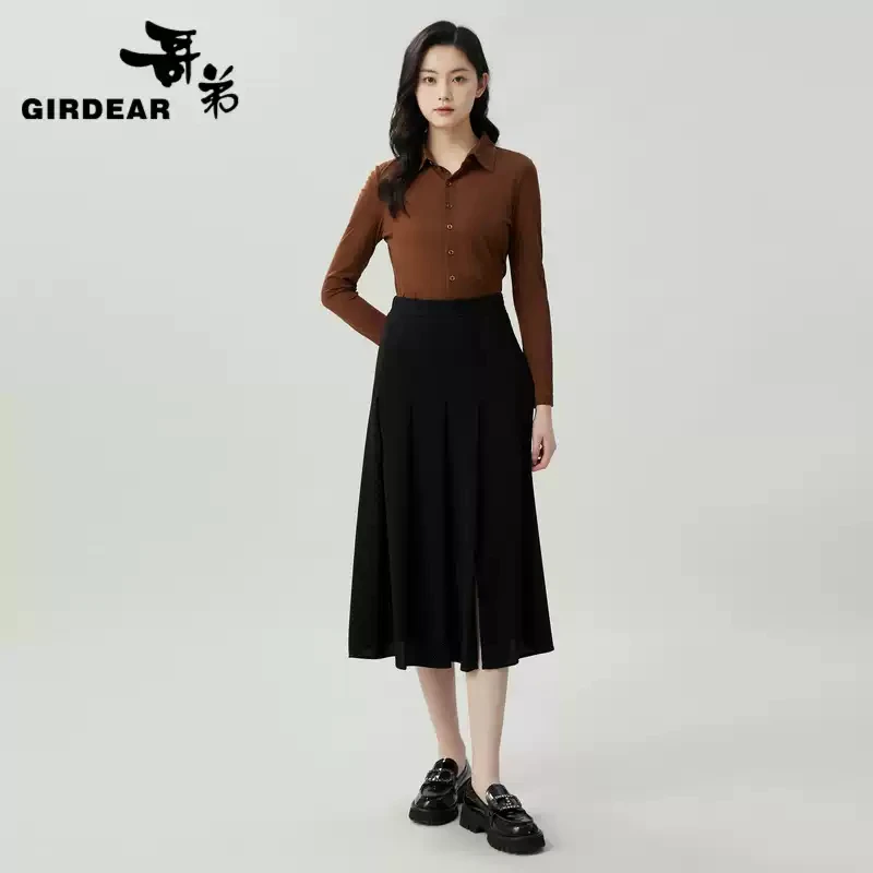 GIRDEAR/哥弟气质显瘦百搭高腰优雅纯色百褶裙长款半身裙1200325