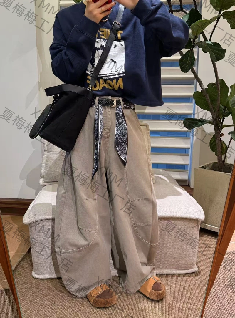 XMM.【早秋立体剪裁牛仔弯刀】时尚百搭潮流阔腿复古休闲裤高街G687