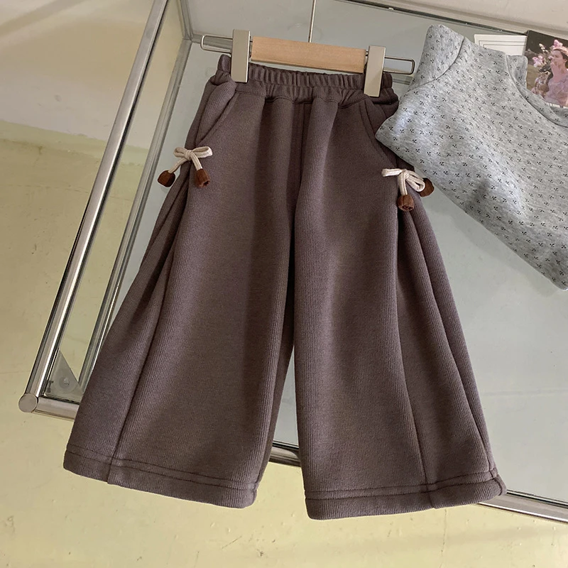 R24578女童套装2024秋冬装百搭碎花加绒打底上衣蝴蝶结加绒裤子潮