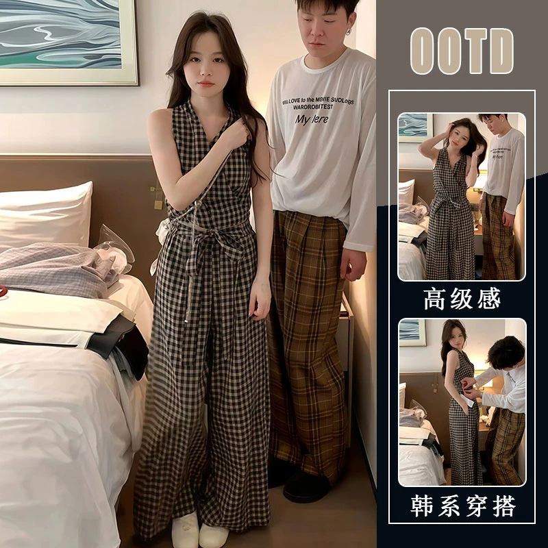 韩系纯欲绑带无袖格子背心搭慵懒高腰直筒显瘦阔腿裤女时尚两件套