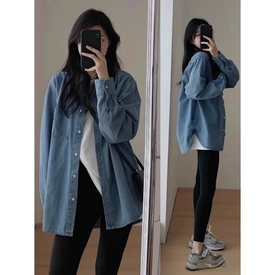 胖mm大码女装300斤茶系牛仔衬衫女春秋新款薄款侧开叉上衣外套ins