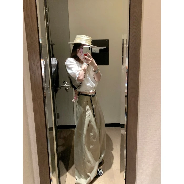 卡其色西装长裤女夏季高级感慵懒垂感长裤宽松低腰阔腿裤子拖地裤