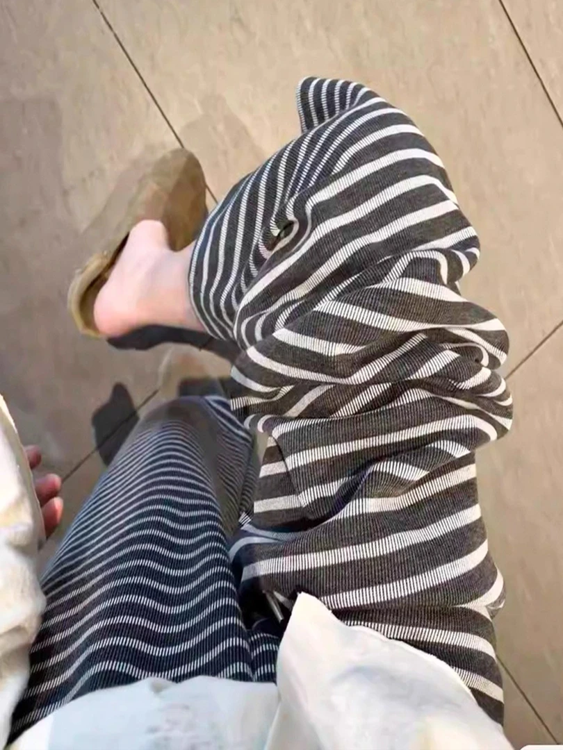 大码300斤慵懒条纹休闲阔腿裤女2025秋季新款宽松高腰垂感直筒裤