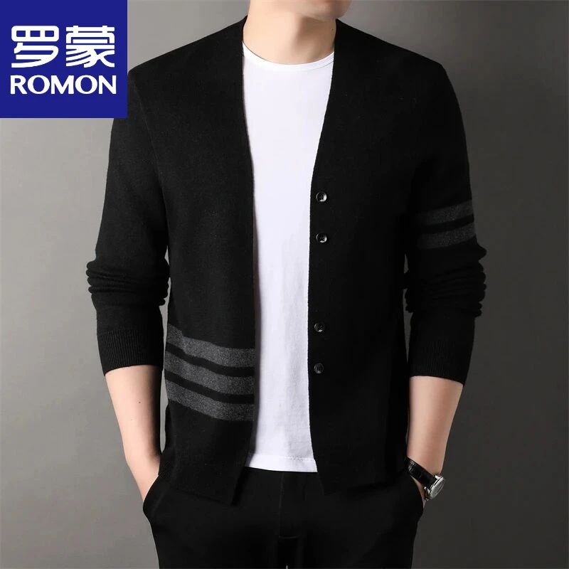罗蒙男士休闲百搭条纹开衫春秋季薄款韩版修身帅气外传针织衫外套