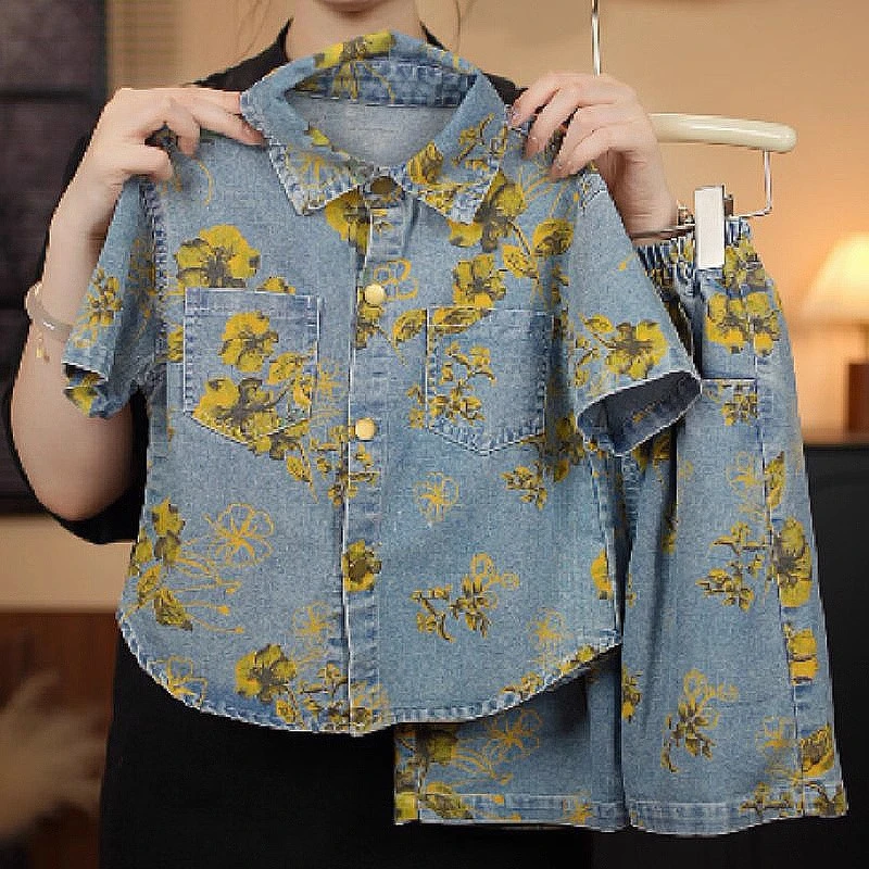 男童夏装牛仔套装2025新款儿童复古印花衬衫短裤夏季小男孩两件套