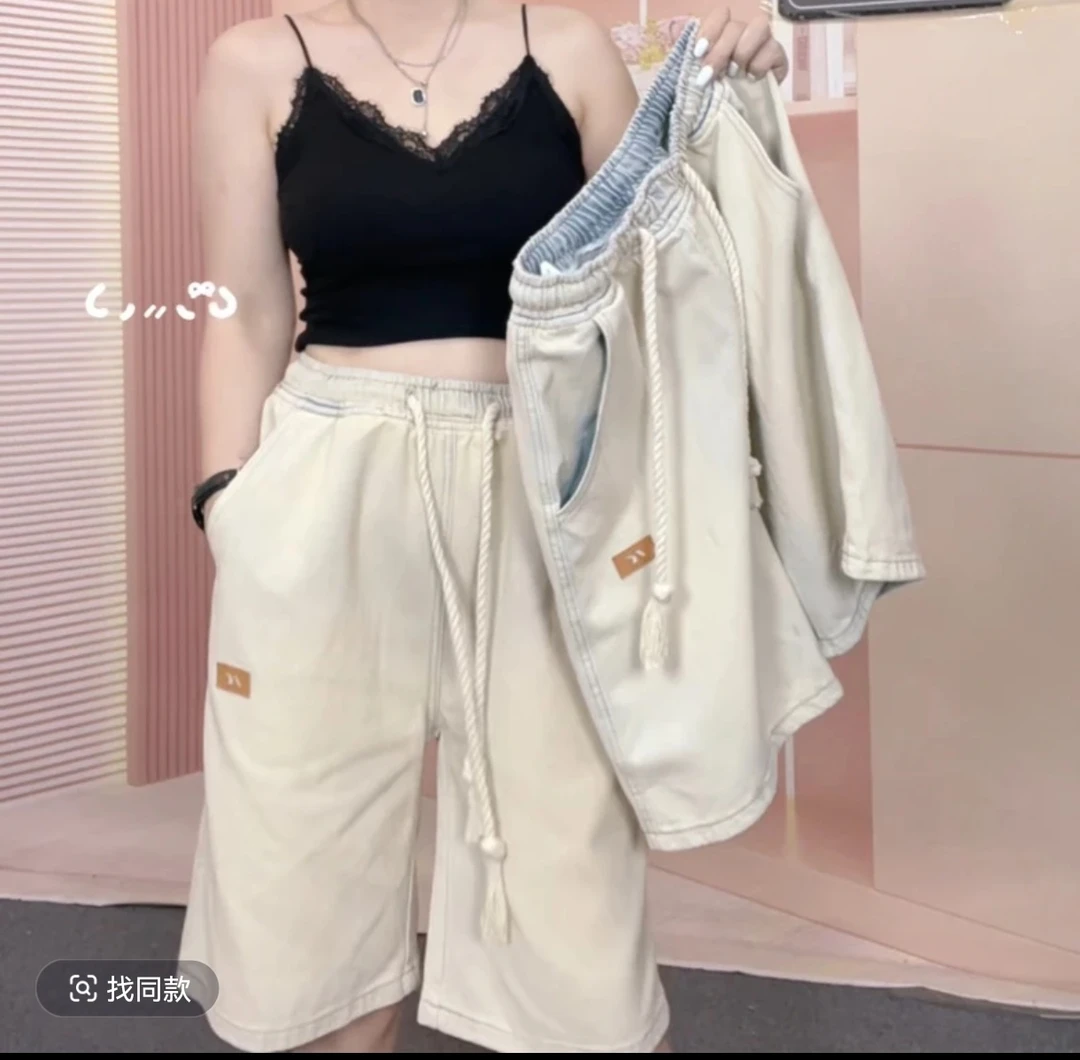 【情侣同穿】复古水泥黄软牛仔松紧腰懒人风阔腿五分裤