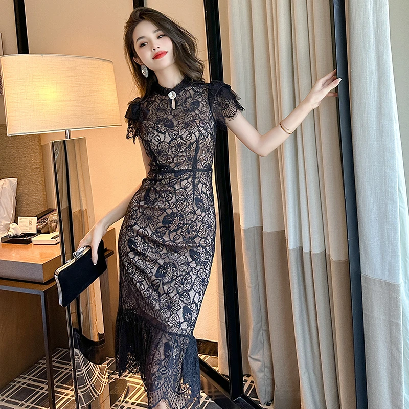 夏季新款气质蕾丝时尚性感修身显瘦百搭贵气复古连衣裙20628