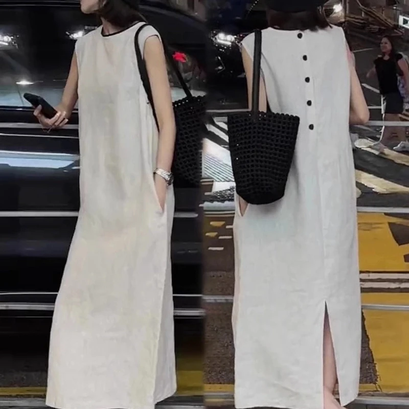 法式高级感背扣无袖连衣裙2024新款女夏季宽松显瘦气质休闲长裙子