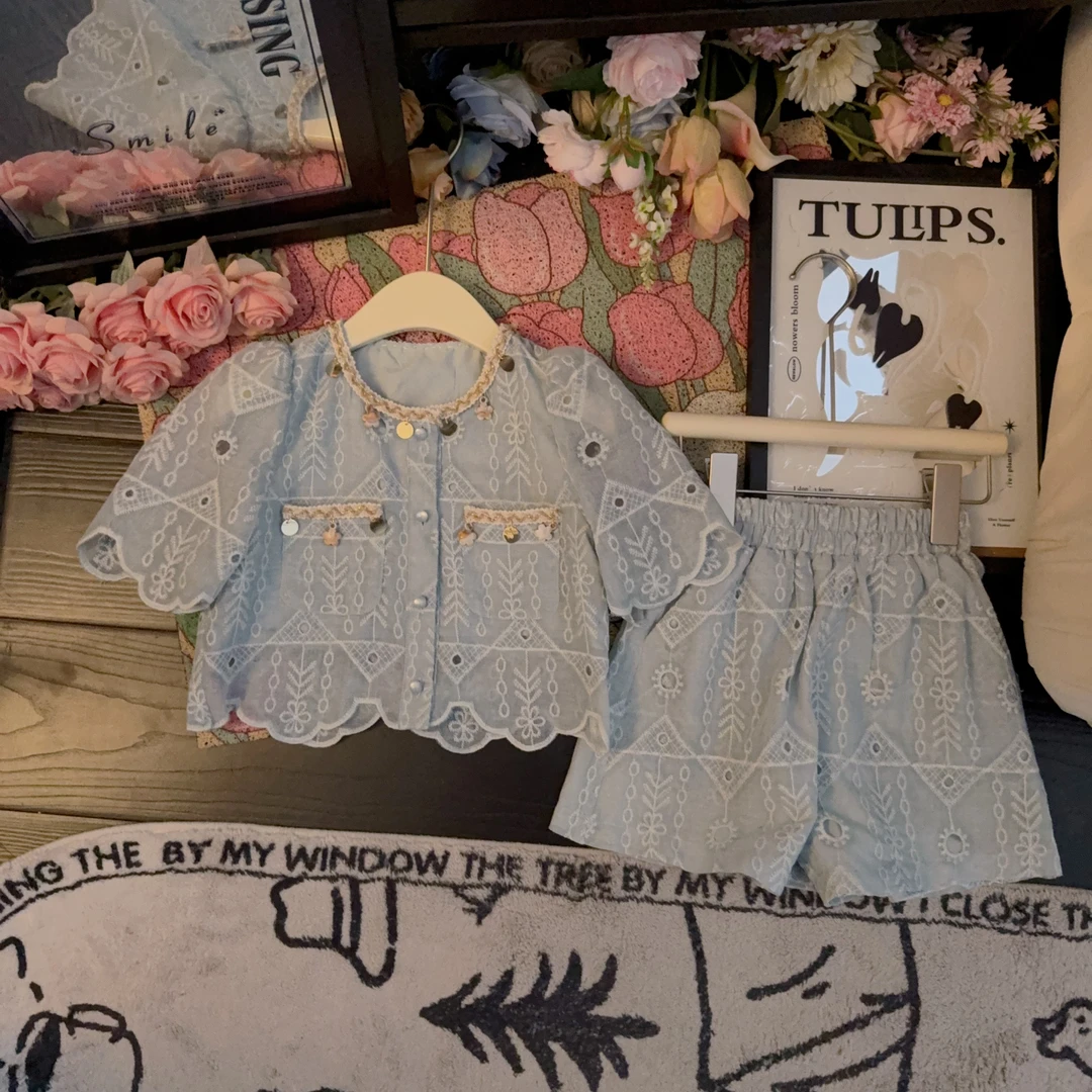 【亲子装】 女童套装蕾丝亮片拼接2025夏季新款短袖小衫+短裤两件套