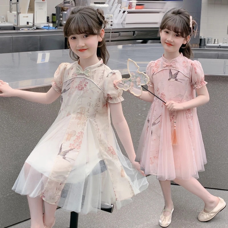 女童旗袍夏季碎花洋气中大童古风女宝国风复古夏款薄款小女孩