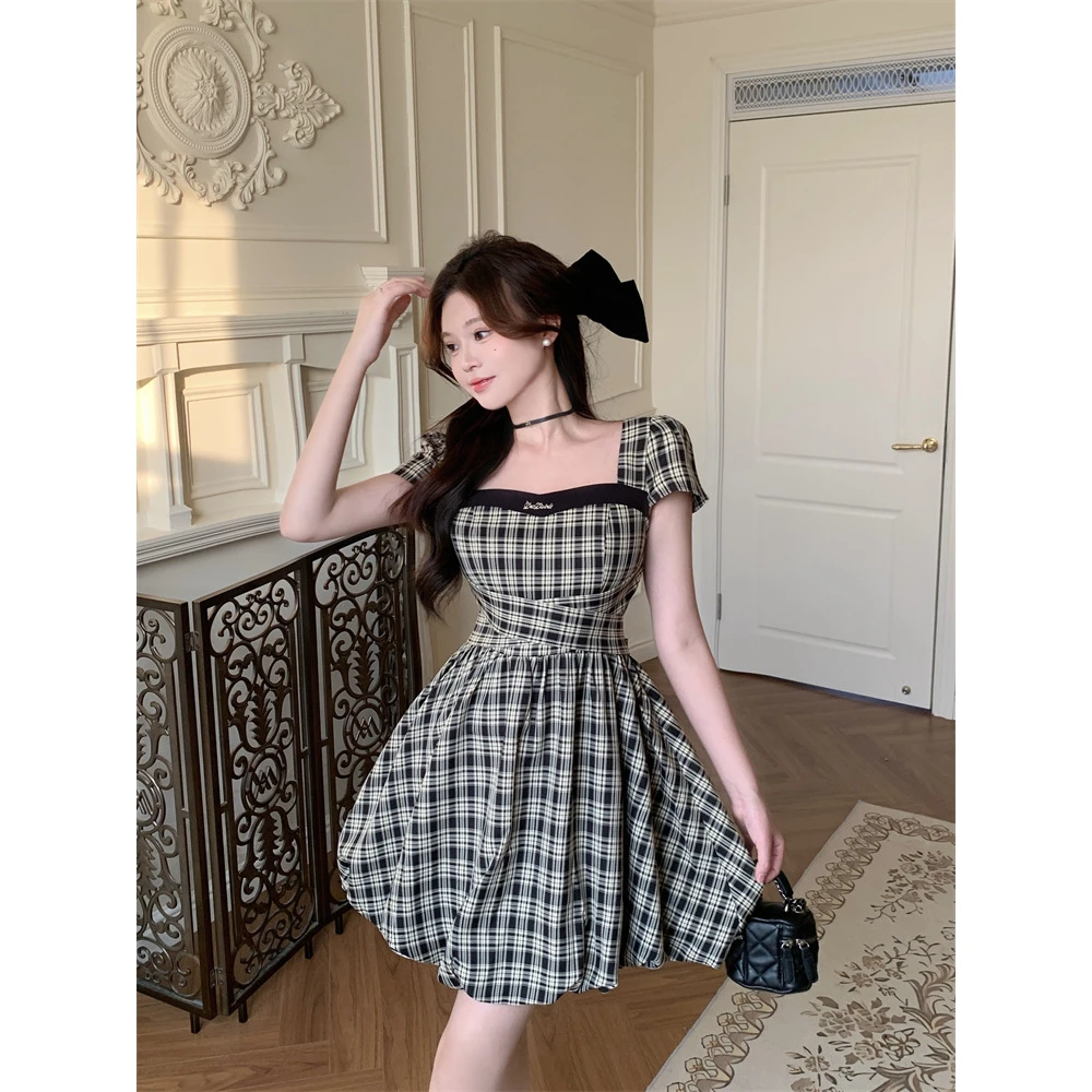 气质学院风甜美方领格子连衣裙女夏季小个子法式收腰花苞a字裙子
