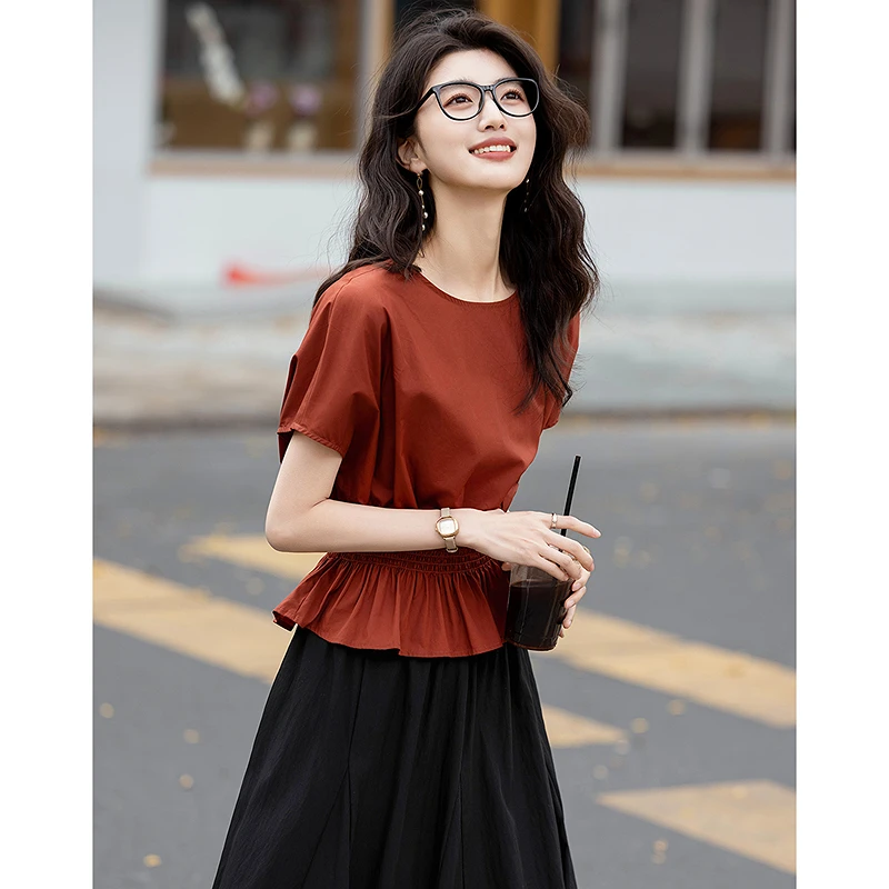 dme德·玛纳夏季全棉优雅蝙蝠袖衬衫水滴扣衬衣时尚气质