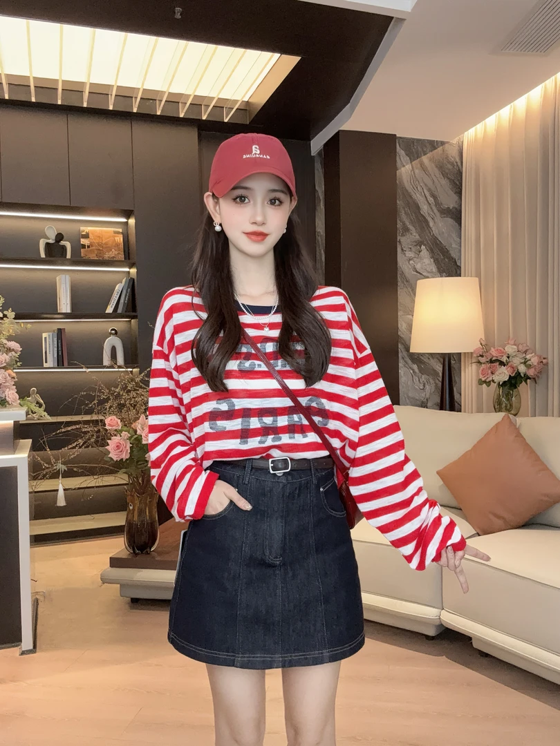 【撞色条纹】春季新款显瘦百搭撞色字母透气长袖上衣ZZ1230