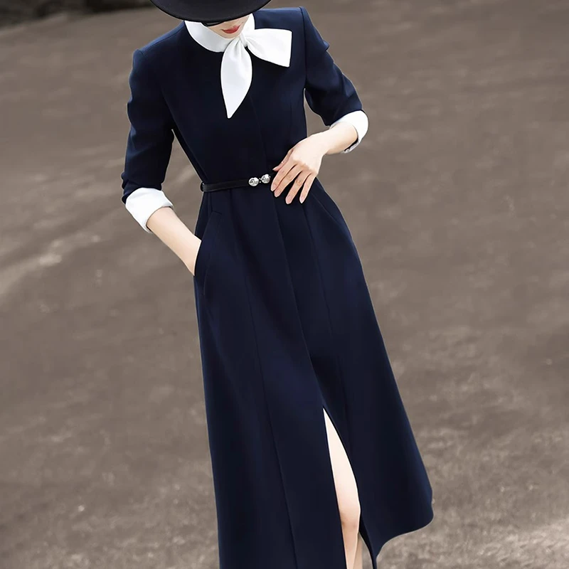 【送腰带】2025春季新款气质高级感通勤裙子长袖收腰连衣裙D0410