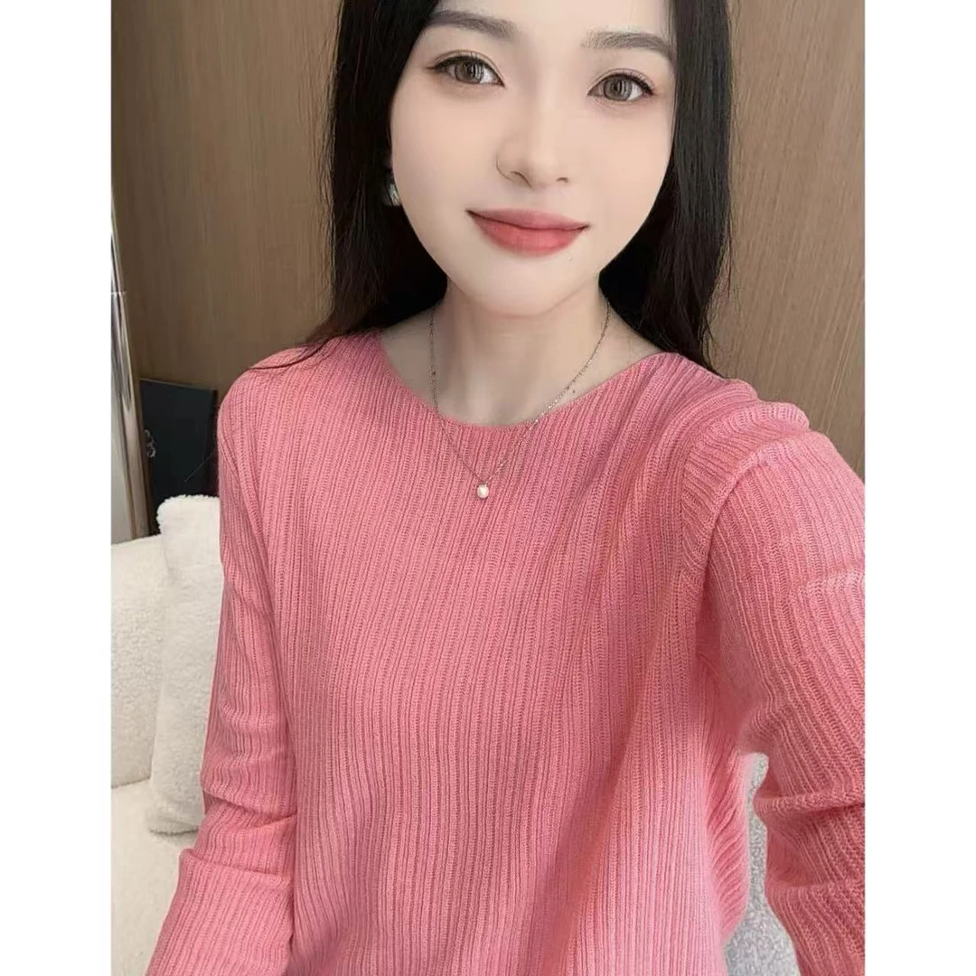 丽丽家~树莓粉显瘦长袖网红时尚百搭镂空宽松圆领上衣