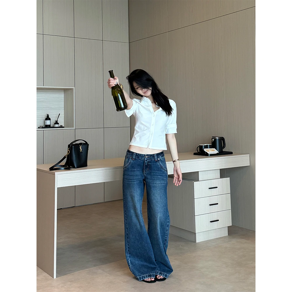 IFMR夏季新款辣妹风低腰微喇阔腿牛仔裤女2025爆款宽松休闲阔腿裤