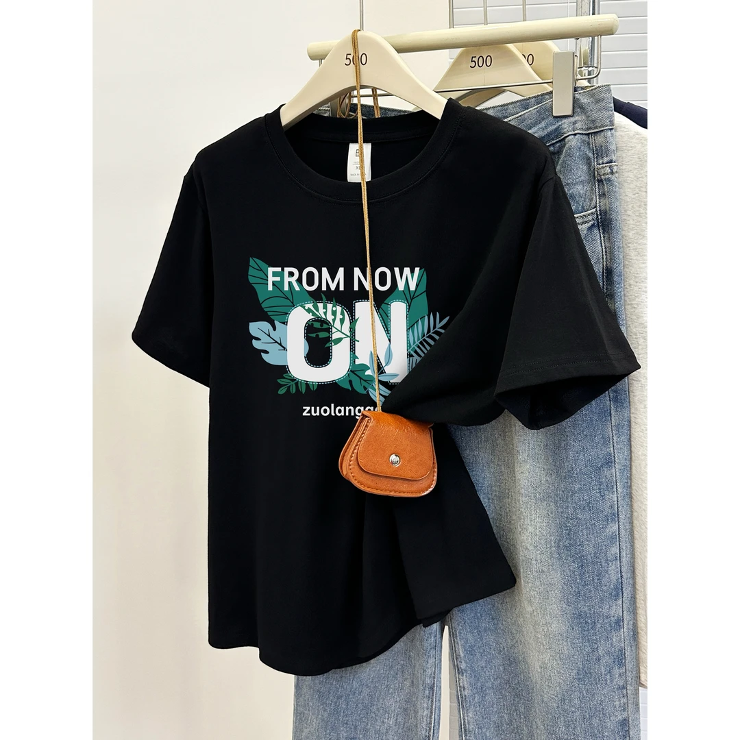 潮牌大码圆领短袖t恤女夏季2025新款胖MM遮肉显瘦正肩半袖上衣服