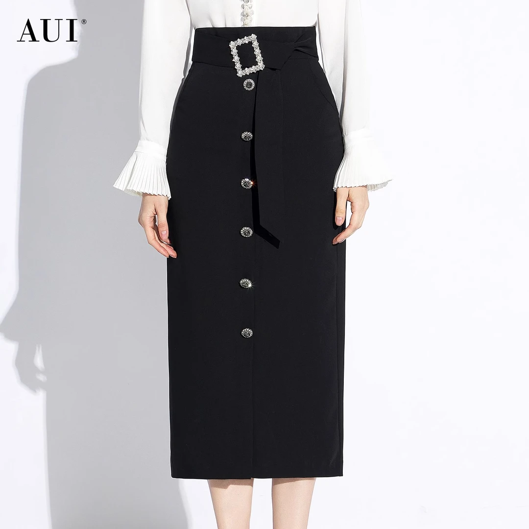 【媛媛女王专享】AUI黑色职业高级感高腰修身半身裙-24W143902