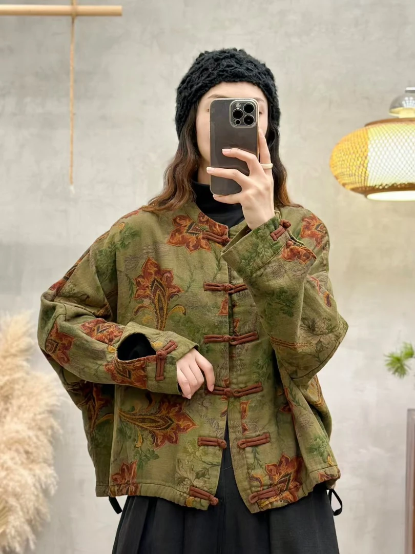 春秋新款中式复古做旧印花民族风立领盘扣气质开衫国风宽松外套