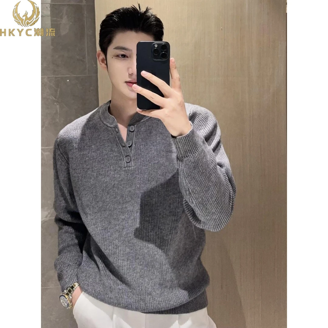 HKYC灰色慵懒风毛衣男子韩国风格早秋上衣与套头针织毛衣2025