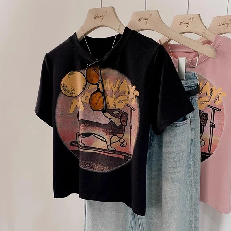 时尚新款正肩短款t恤美式百搭小上衣2025高腰小众小个子显瘦短袖