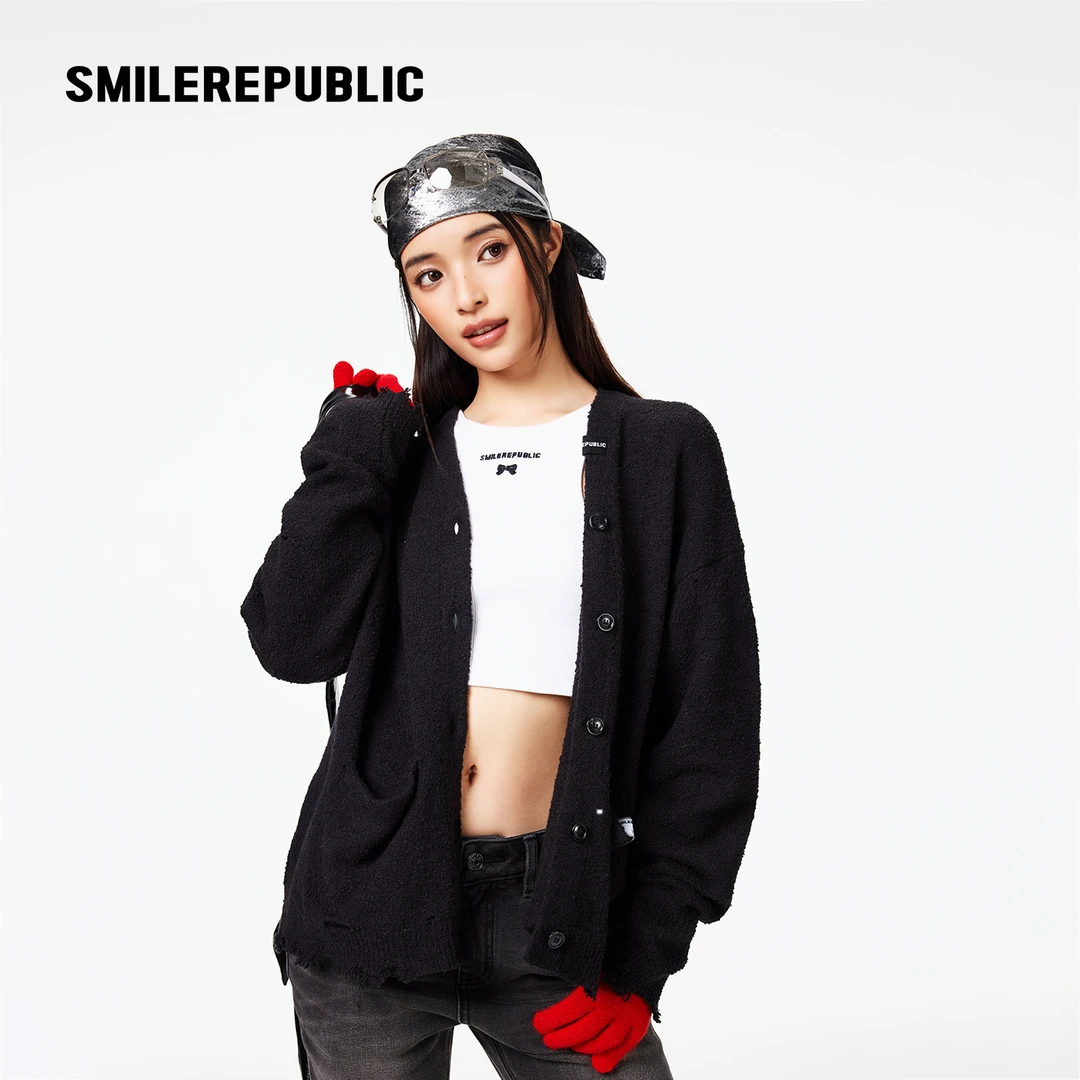 smilerepublic破洞开衫毛衣外套女款明星同款毛衣休闲百搭时尚