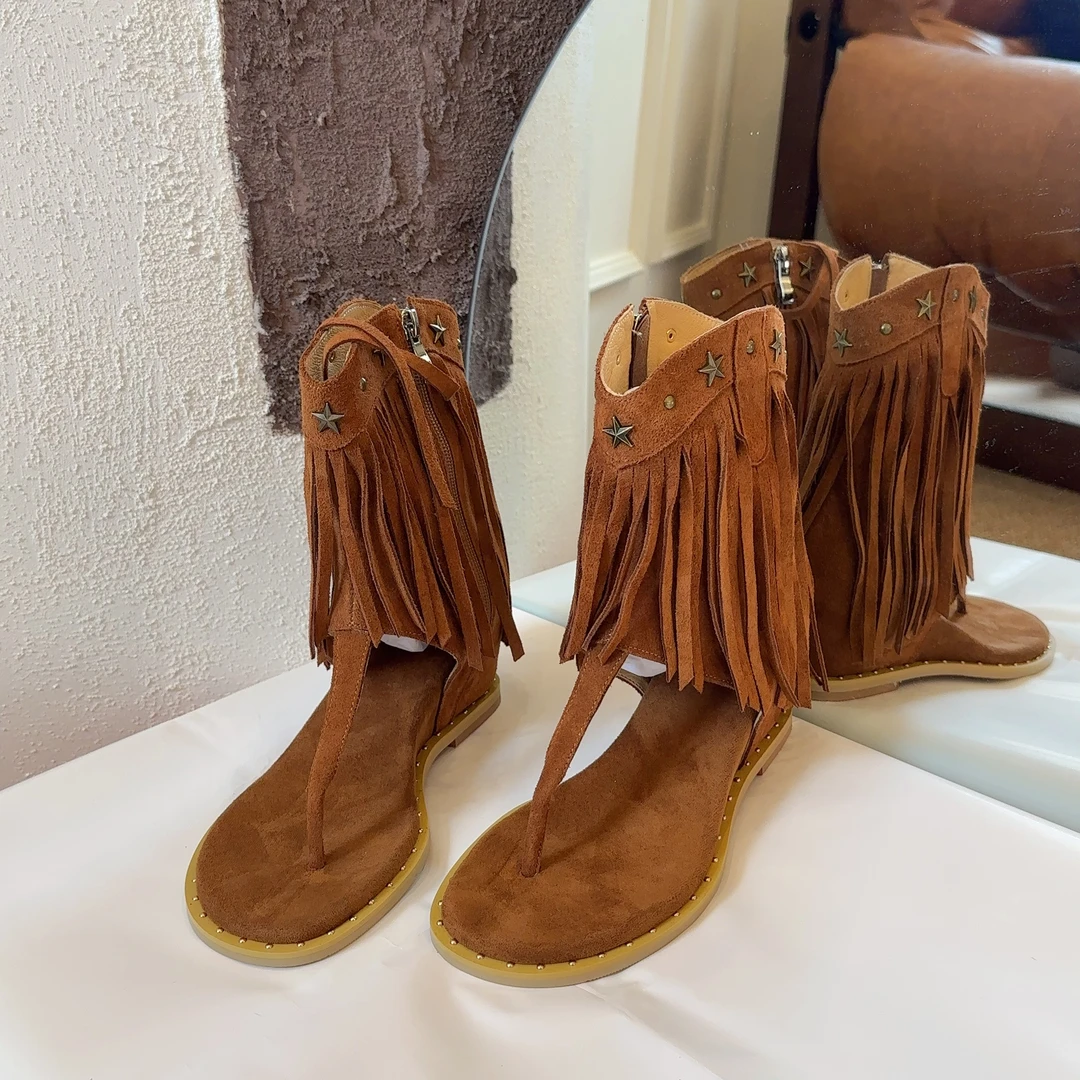 【王二今】牛皮/5CM/波西米亚风流苏英伦风夹趾沙滩罗马凉靴女外穿