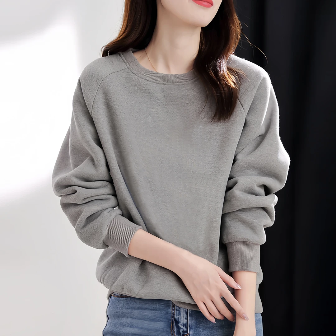 2025圆领卫衣长袖女宽松百搭纯色秋季外穿上衣显瘦休闲
