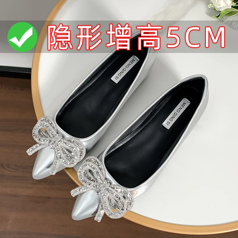 漆皮尖头气质内增高平底单鞋水钻蝴蝶结韩版浅口软底鞋女