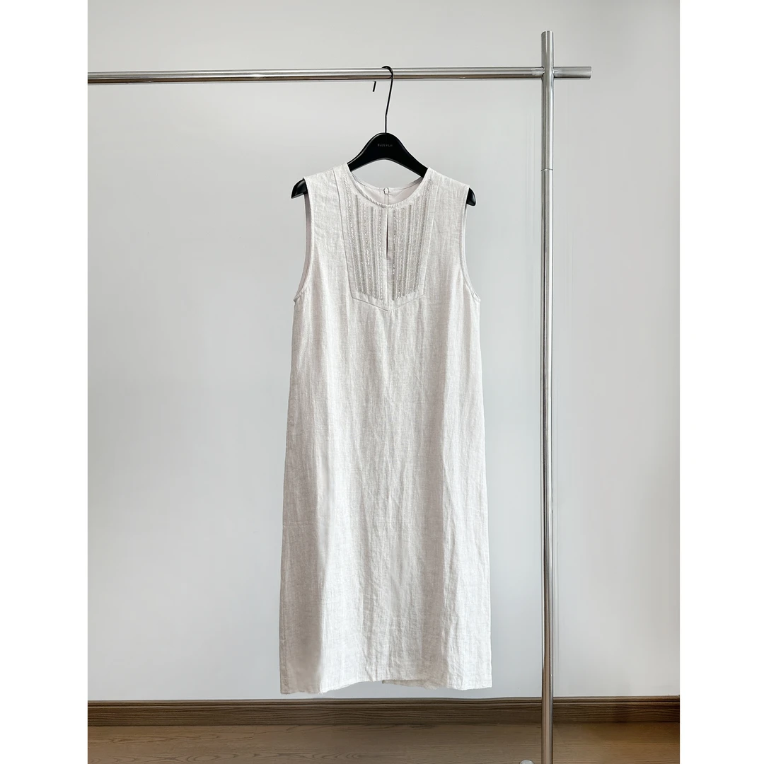 意大利高级重工亚麻钉珠无袖连衣裙