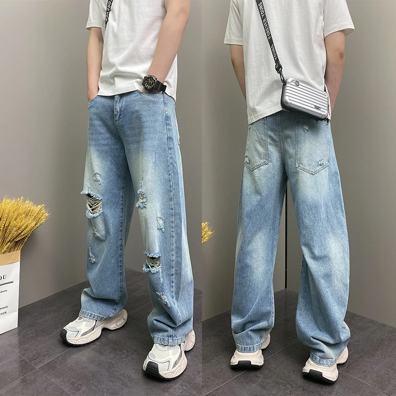 2025年夏季薄款DOEA时尚简约破洞磨白蓝色复古青年男士牛仔裤子男