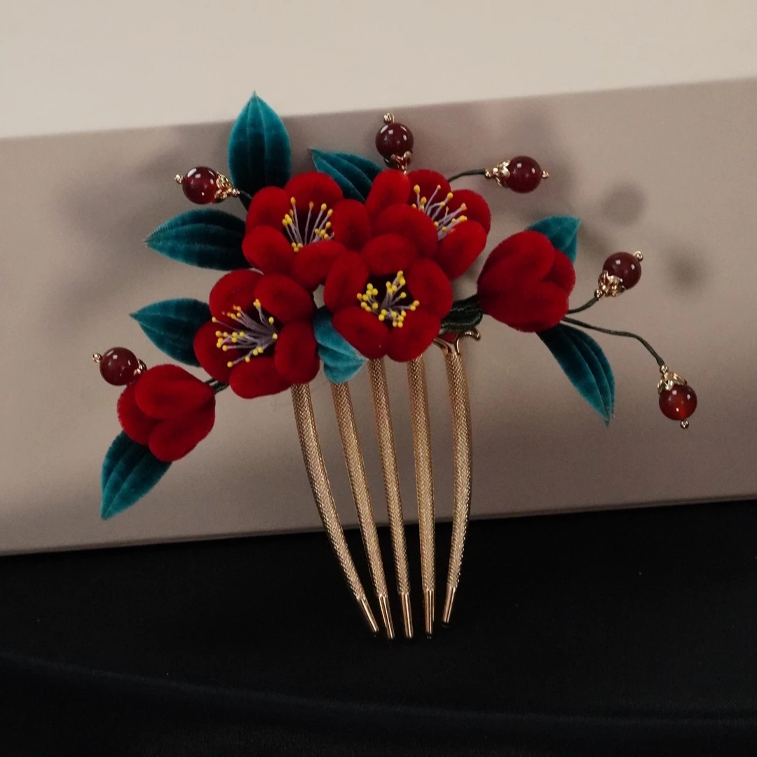 大气款红梅插梳 非遗绒花南京绒花日常旗袍配饰古风插梳手工