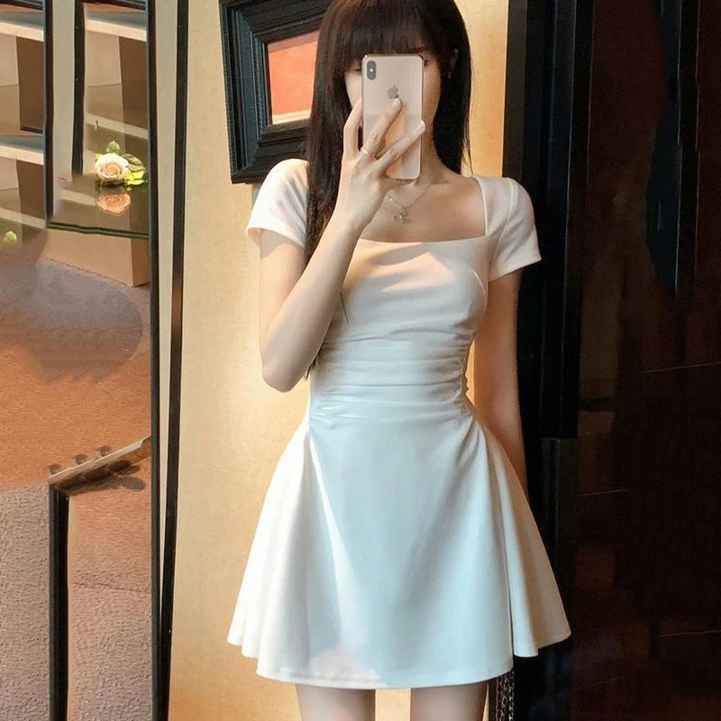 ZRCKUR法式纯欲白色连衣裙子女收腰气质设计感修身辣妹a字长裙夏