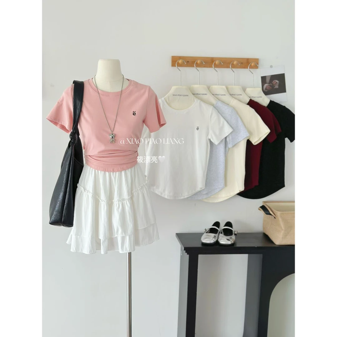韩系小个子简约ins短袖t恤内搭外穿学院风休闲百搭上衣77013#0.1