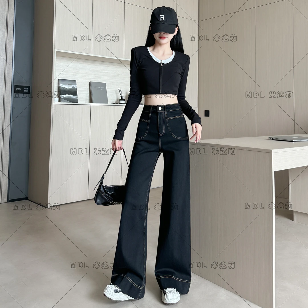 黑色弹力高腰阔腿裤牛仔裤女2025秋季流行网红新款宽松直筒潮7807