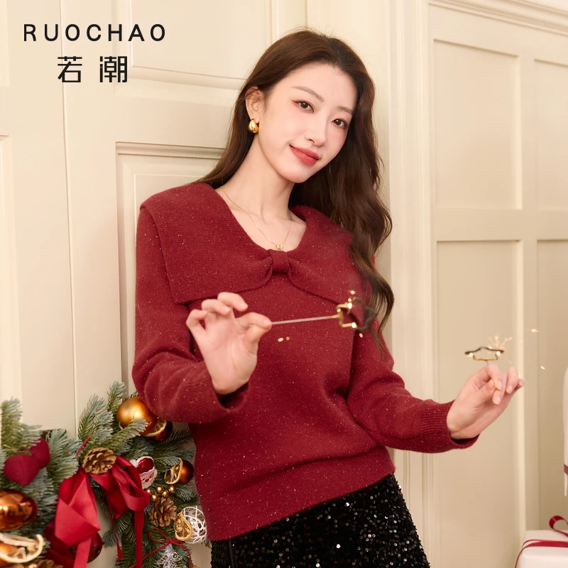 三彩大码女装2025冬季新款新年红蝴蝶结大翻领针织衫
