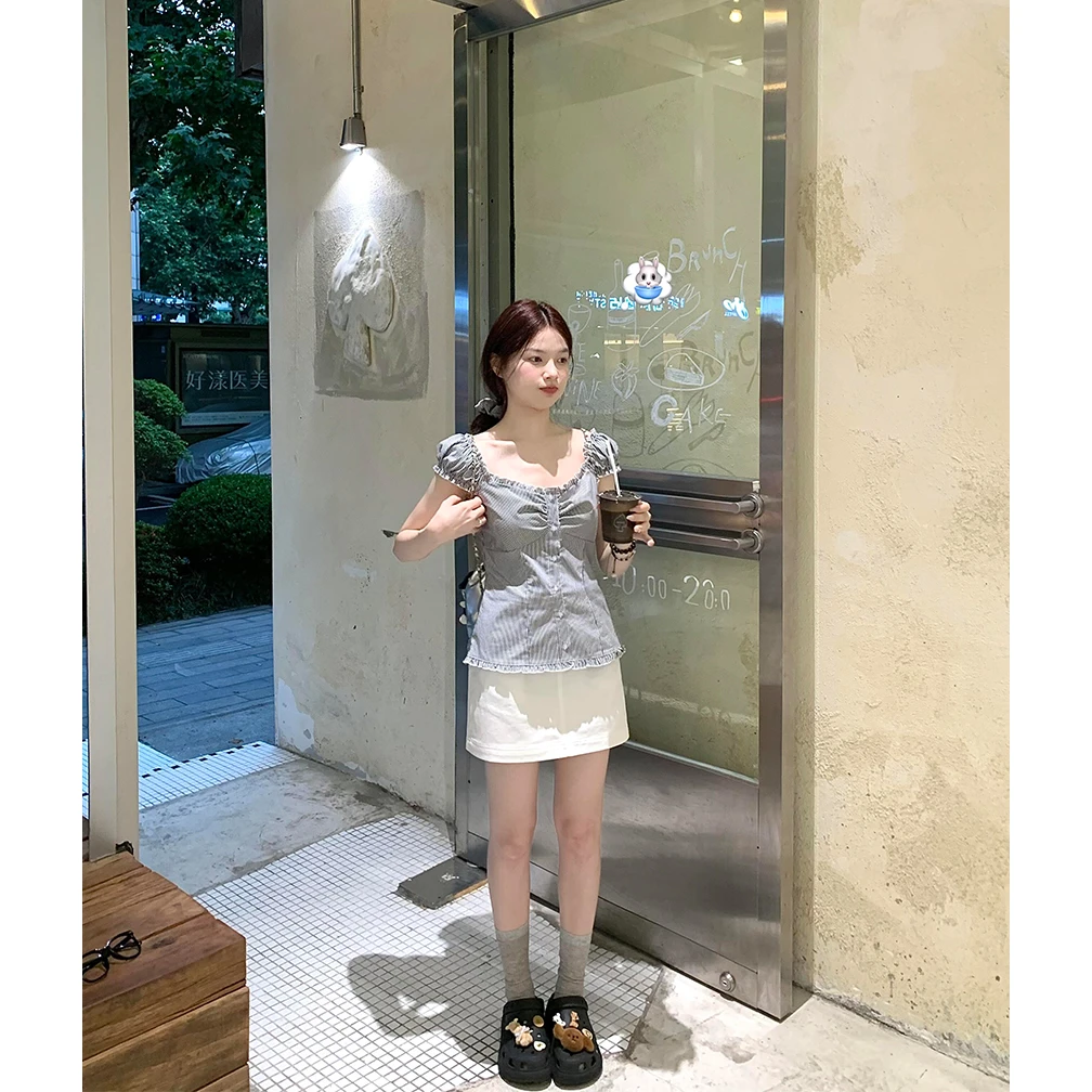 韩系条纹泡泡袖衬衫上衣女夏季新款法式bm百搭修身白色短裙两件套