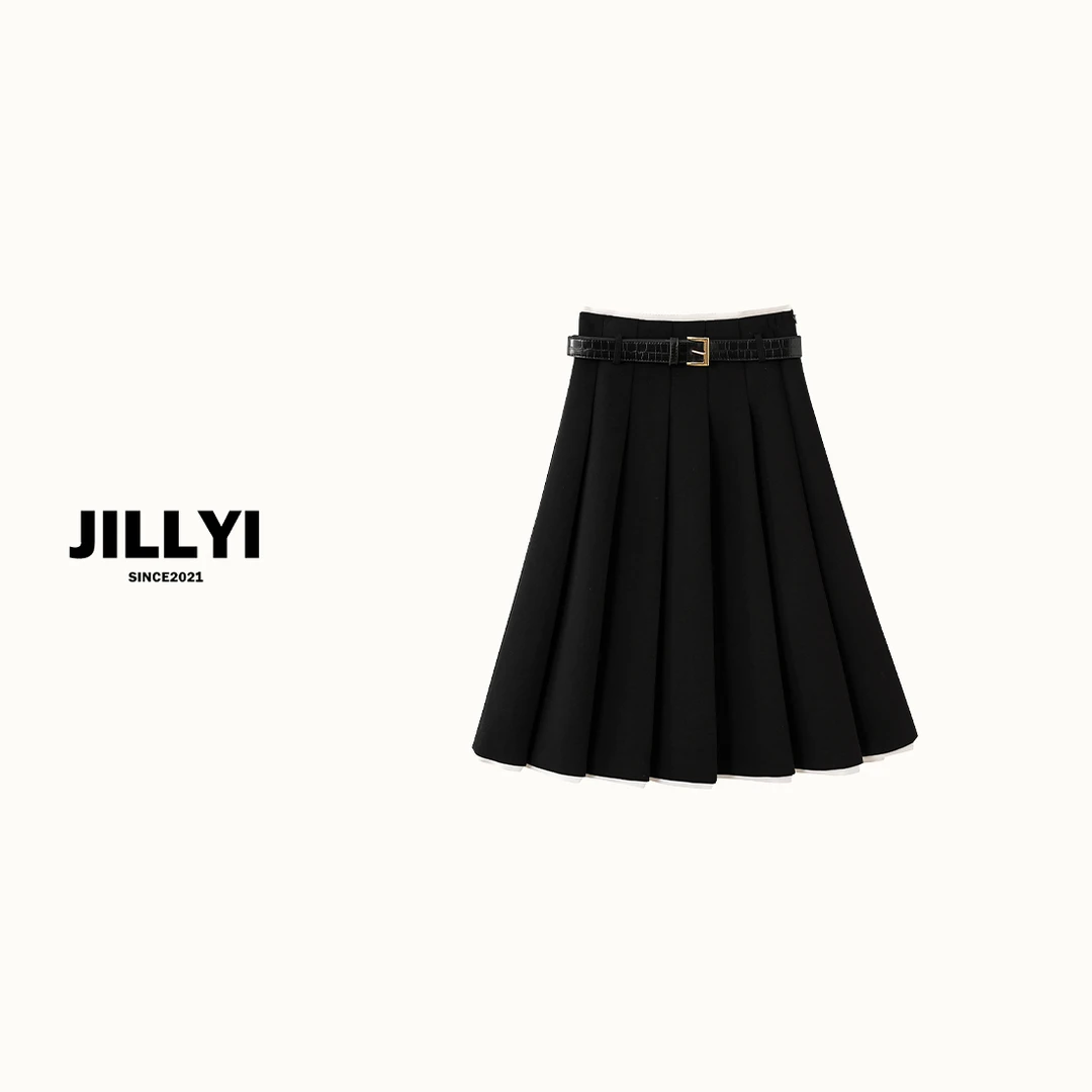 JILLYI南山店【经典学院】黑色高腰街头风百褶半身裙时尚气质百搭