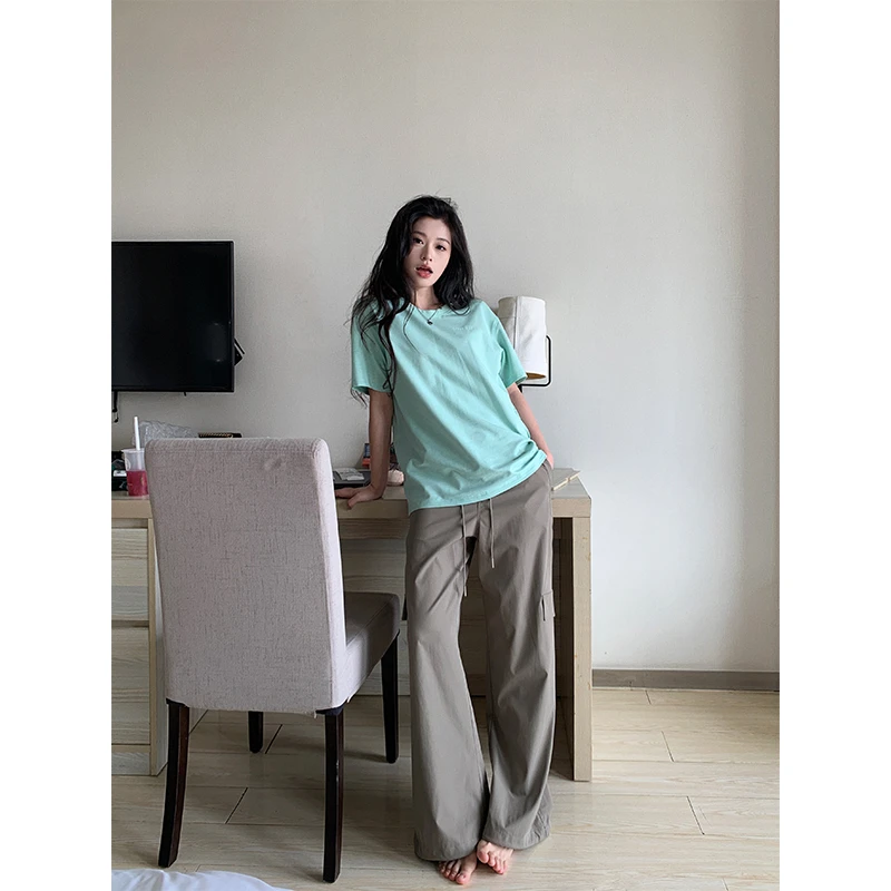 六指导 重装出街 美式运动抽绳直筒工装裤女夏显瘦户外束脚休闲裤