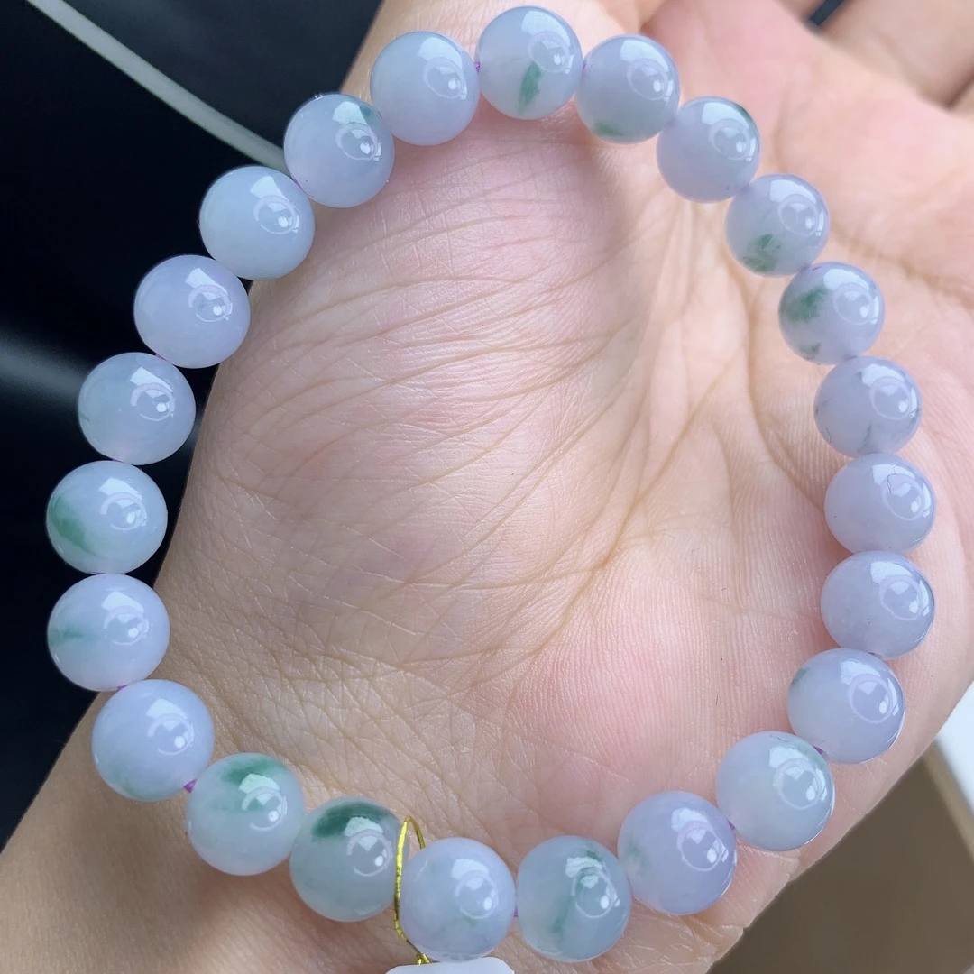 缅甸A货翡翠紫罗兰翡色飘蓝花圆珠手链手串单圈5JQ3T12卡8mm