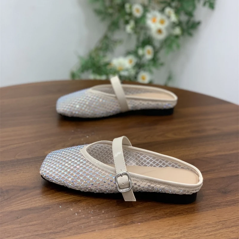 新款高级感镂空外穿凉拖鞋女夏2025年网面水钻懒人平底包头凉拖鞋