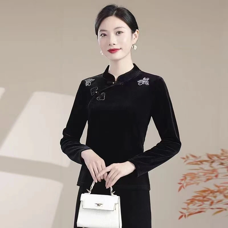 中式妈妈国风上衣秋季2025丝绒女装遮肉显瘦小衫大码小个子